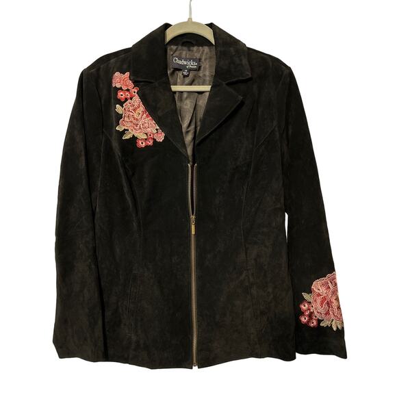 Chadwick’s of Boston Genuine Leather Suede Jacket Size 14 
Black Embroidered - Picture 1 of 9